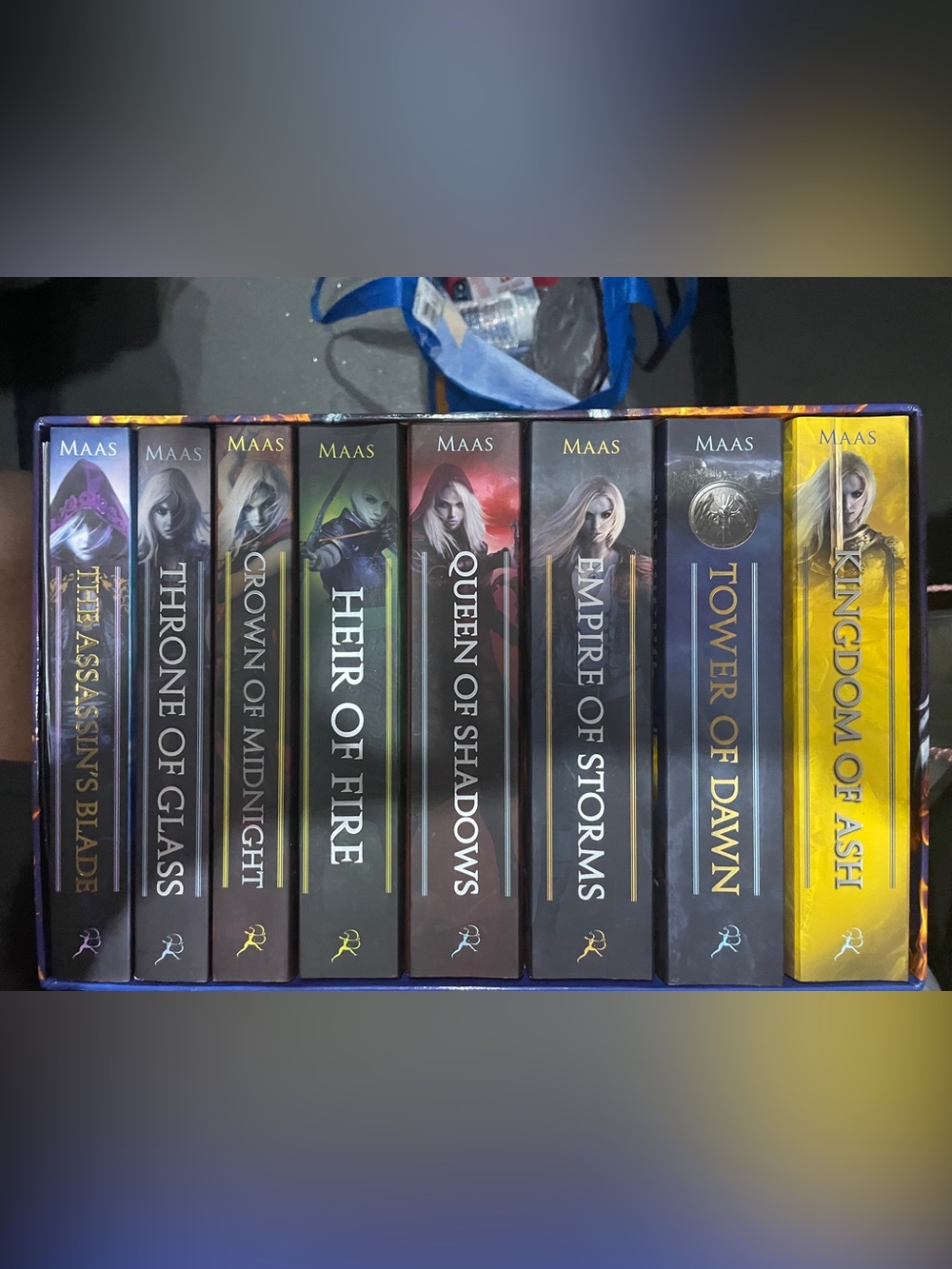 Throne of Glass series box set by Sarah J. Maas featuring the out-of-print desi